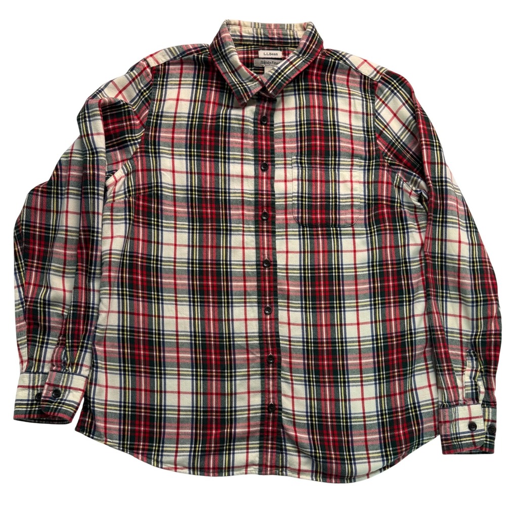 LL Bean Womens M Petite Slightly Fitted Flannel Shirt Red White Plaid